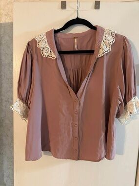Free People Dusty Rose Lace-Collar Button Blouse